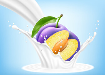 Fresh ripe purple plum falls into a splash of yogurt or milk, cocktail splash with drops, Milkshake splash with sweet juicy fruit. Realistic 3d vector illustration