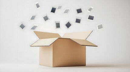 A cardboard box opens, releasing a flurry of items, suggesting excitement and the surprise of unboxing.