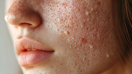 Fototapeta premium Macro shot of skin with healing acne, slight redness fading, peeling edges around acne scars, and pores starting to clear up Subtle lighting and texture