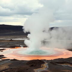Large steaming geyser in a vibrant volcanic landscape with colorful surroundings