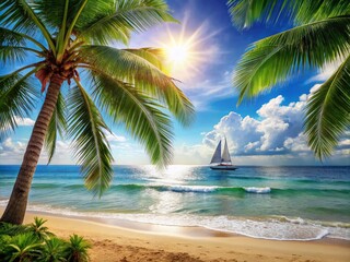 Fototapeta premium Sunny beach scene with palm trees, serene ocean waves, and a sailboat in the distance, evoking feelings of