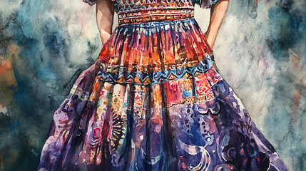 Fototapeta premium A watercolor painting of a woman wearing a vibrant, colorful dress.