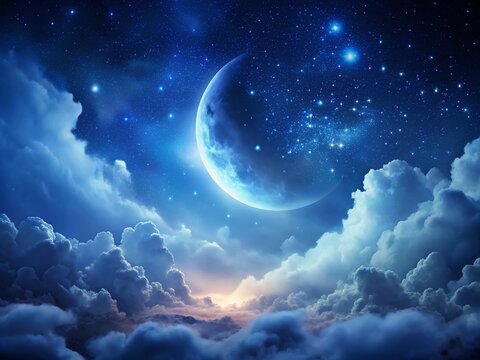 Surreal serene landscape with soft crescent moon shining bright amidst scattered clouds in a dark blue night sky