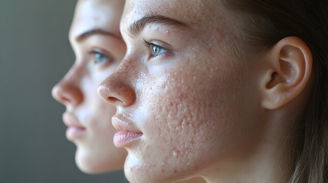 Facial time-lapse, acne diminishing through stages of treatment, clearer skin emerging gradually with reduced blemishes, smoother complexion