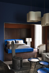 Modern luxury bedroom interior in minimal scandinavian style