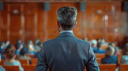 A man in a suit stands before a large audience, looking out at the crowd.  The man's back is to the camera.