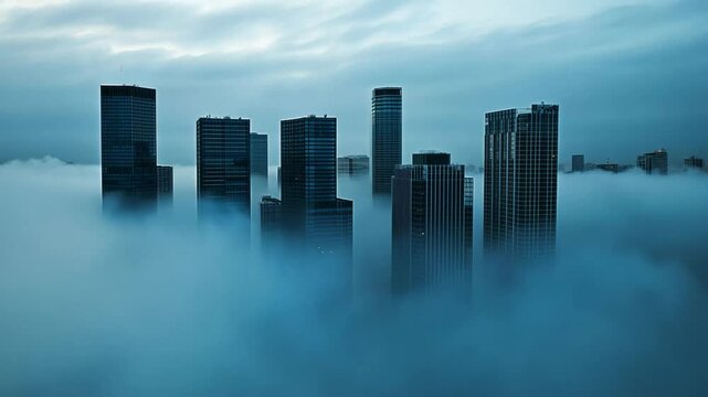Skyscrapers emerging through dense clouds at dawn in a modern cityscape, conveying urbanization and futuristic concepts