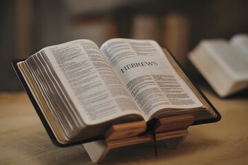 Fototapeta premium A cinematic shot of an open bible with the text Hebrews. The bible is on a wooden stand.