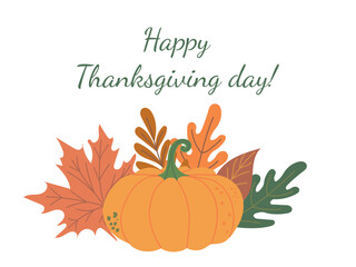 Beautiful round shape pumpkin around autumn orange falling leaves isolated on white background. Hand drawn vector flat colored illustration. Happy Thanksgiving day greeting card