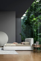 Modern luxury bedroom interior in minimal scandinavian style, 3d render
