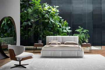 Modern luxury bedroom interior in minimal scandinavian style, 3d render