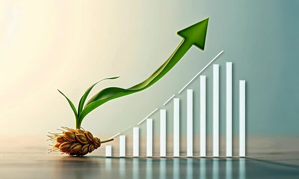 A wheat grain sprouting a green shoot that grows into a rising arrow, symbolizing agricultural growth, success, and sustainability. Generated with AI