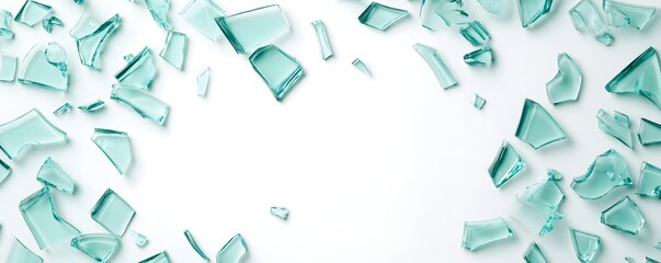 Fototapeta premium Shattered green glass pieces scattered on a white surface, creating a striking visual contrast and a sense of fragility.