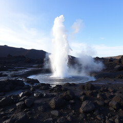 High-pressure geyser eruption in a barren volcanic landscape