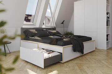 Modern luxury bedroom interior in minimal scandinavian style, 3d render