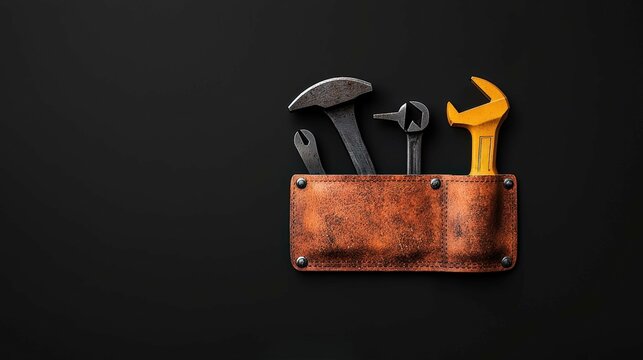 Assorted tools in a leather pouch on a dark background, ideal for handyman themes.