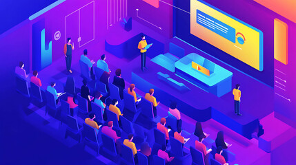 Fototapeta premium Isometric illustration of a conference room with a speaker and an audience.