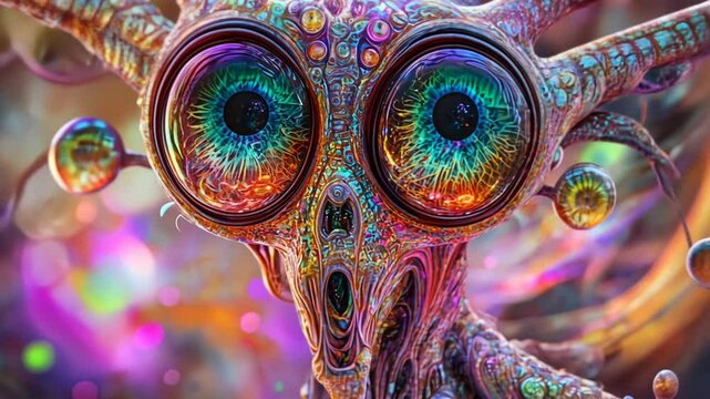 Colorful, psychedelic alien creature art, perfect for science fiction themes, fantasy concepts, Halloween, and creative festival promotions