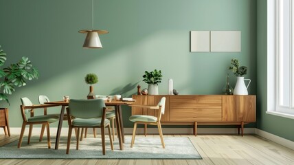 A modern dining room featuring a green wall, wooden furniture, plants, and minimal decor, creating a cozy and inviting atmosphere.