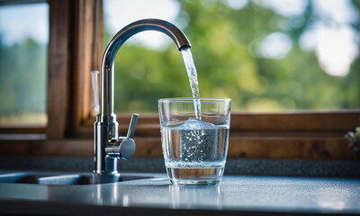 Water is being poured from a faucet into a glass on a kitchen counter