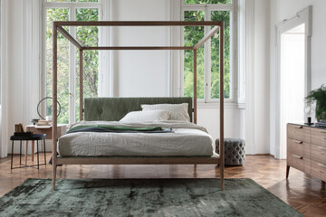 Modern luxury bedroom interior in minimal scandinavian style, 3d render