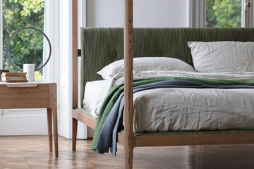 Modern luxury bedroom interior in minimal scandinavian style, 3d render