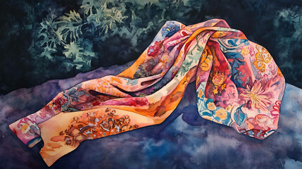 A vibrant watercolor painting of a floral patterned fabric draped over a dark background.
