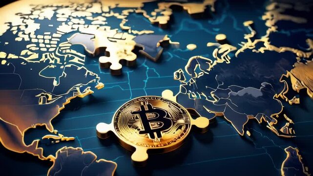 A golden bitcoin coin lies on a world map puzzle, with a blue glow highlighting its position.. AI Generation