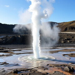 Geyser spouting boiling water and steam in an isolated geothermal landscape