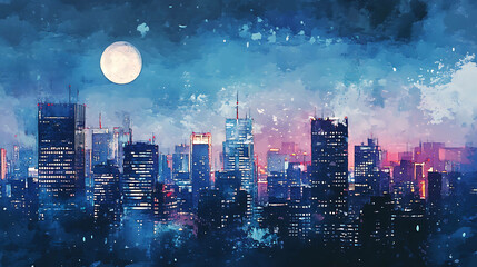 Obraz premium Watercolor style illustration of a cityscape at night with a full moon.