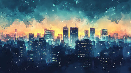 Fototapeta premium Watercolor painting of a city skyline at sunset, with colorful clouds.