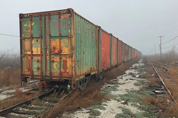 Fototapeta premium Weathered freight train cars in brown and green lined up on parallel railway tracks, industrial vibe