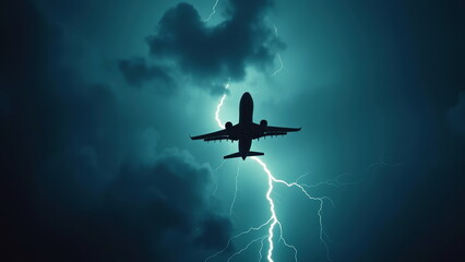 Passenger plane flies without power in thunderstorm with lightning strike. Concept of danger in air travel