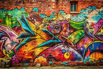 Obraz premium Vibrant, abstract graffiti adorns a worn, weathered brick wall, creating a dynamic, urban background with bold colors,