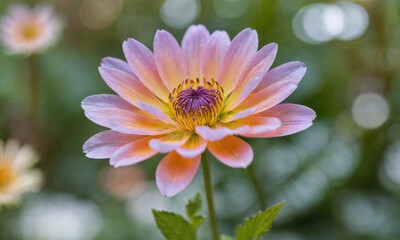 A delicate pink and orange flower blooms in a garden, its petals catching the light on a sunny day