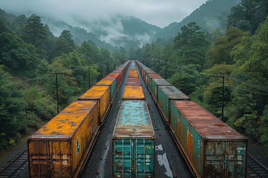 A long line of weathered freight train cars on parallel tracks captures industrial essence