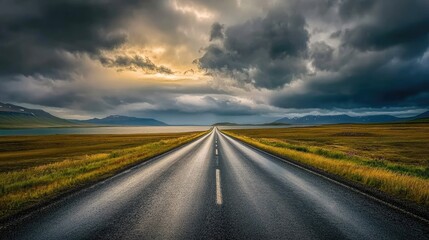 Naklejka premium Diminishing perspective of an empty highway cutting through the scenic Icelandic landscape, bordered by a still lake and dramatic sky.