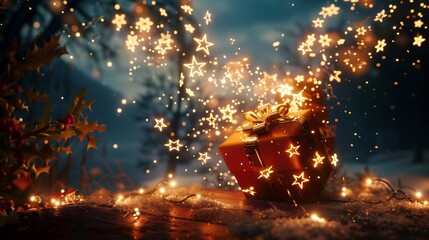 A Christmas present opens under the night sky, releasing a stream of golden stars that light up the surroundings with a warm glow.