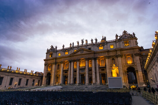 Facade of St. Peter's Basilica at the sunset