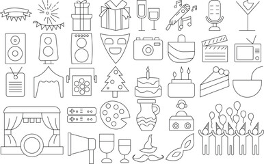 Event and party celebration icon set for logo and T-Shirt. Thin line art editable stroke.