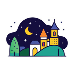 Colorful Cartoon Night Village Or City Illustration with Moon and Stars