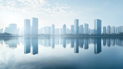 Obraz premium Distant view of a contemporary city skyline with tall buildings and water reflections, the scene capturing the balance of nature and modern architecture