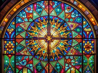 Obraz premium Vibrant, abstract stained glass window with intricate patterns and colors, evoking a sense of spirituality and