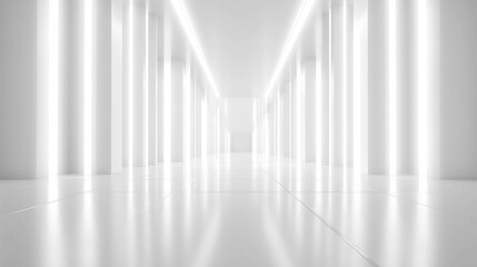 Obraz premium A long, bright white hallway with glowing lights.
