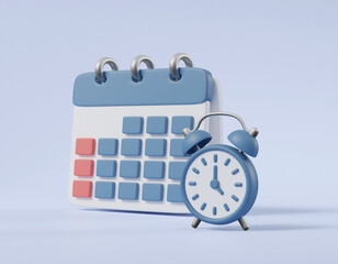 3D rendered illustrations of calendar and alarm clock icons conveying agenda reminders, including meeting appointments and events.
