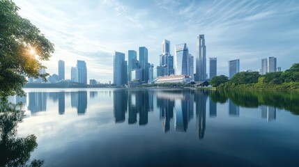 Fototapeta premium Distant view of a contemporary city skyline with tall buildings and water reflections, the scene capturing the balance of nature and modern architecture