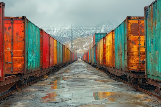 Freight train cars in weathered brown and green on parallel tracks showcasing industrial scene.