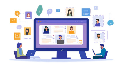 An illustration of people in a video call with a large screen in the center.