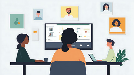 A team of three people is collaborating on a project using a video call.