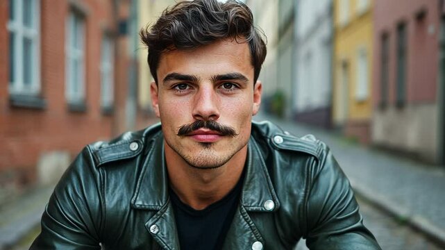 Young Caucasian man with a mustache in a leather jacket posing on a European street, perfect for fashion and urban concepts